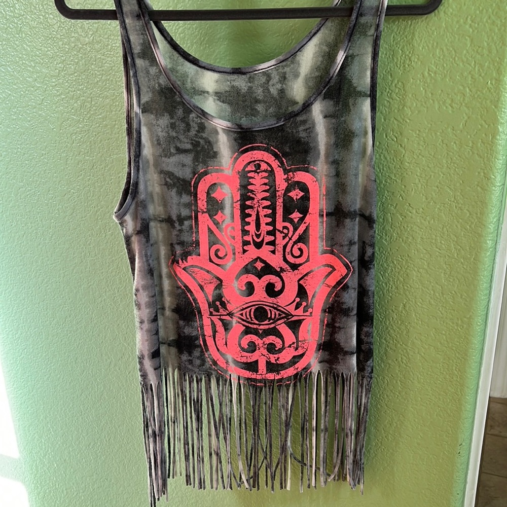 Hamsa Tie Dye fringe tank - medium